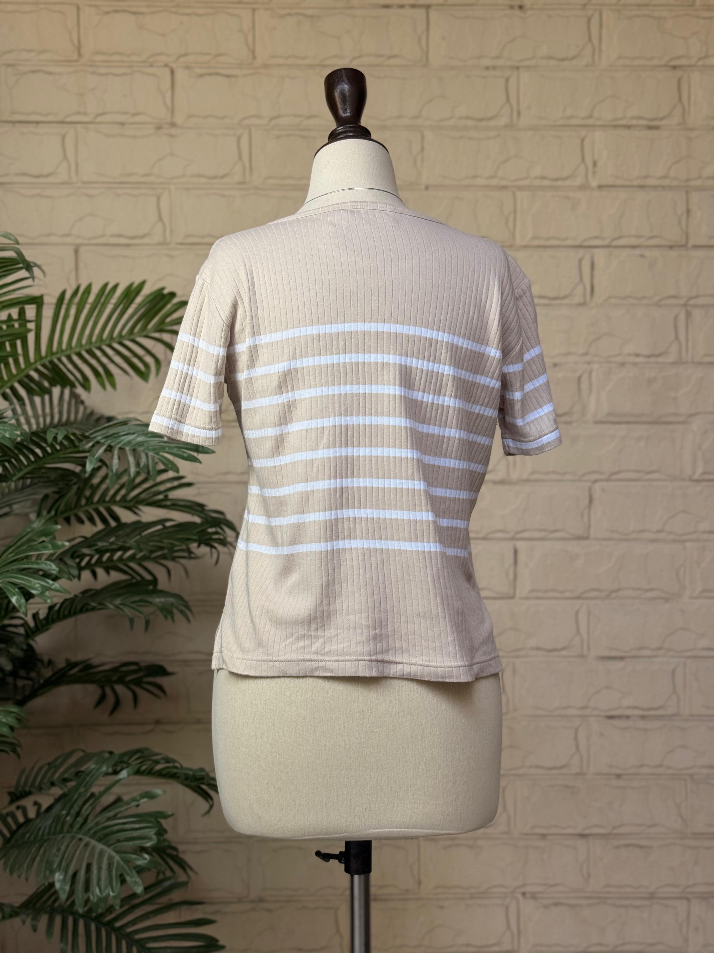 Beige and White Horizontal Striped Short-Sleeve Knit Tee - Image 3