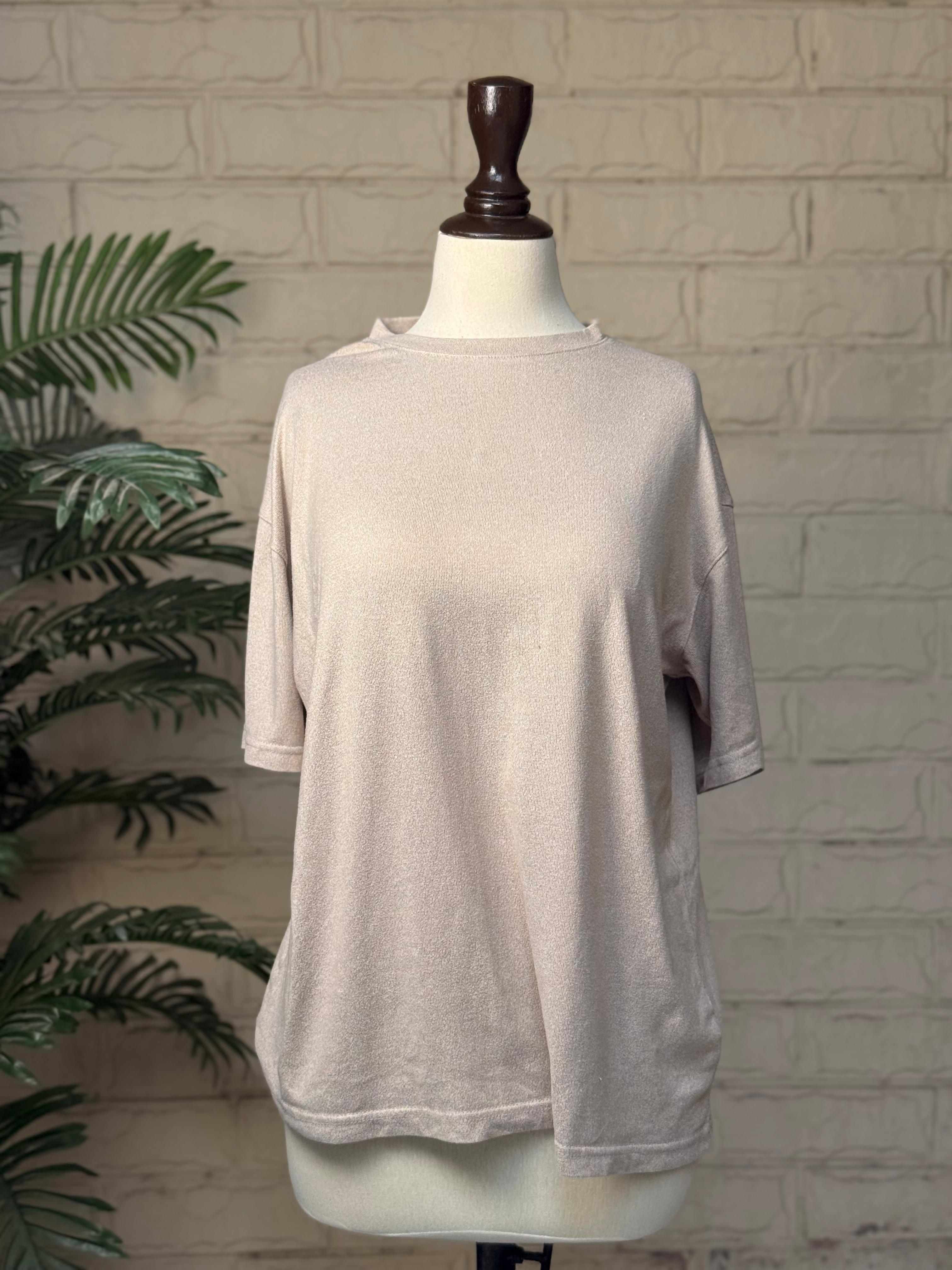 Beige Dropped-Shoulder Knit Short-Sleeve Top - Image 2
