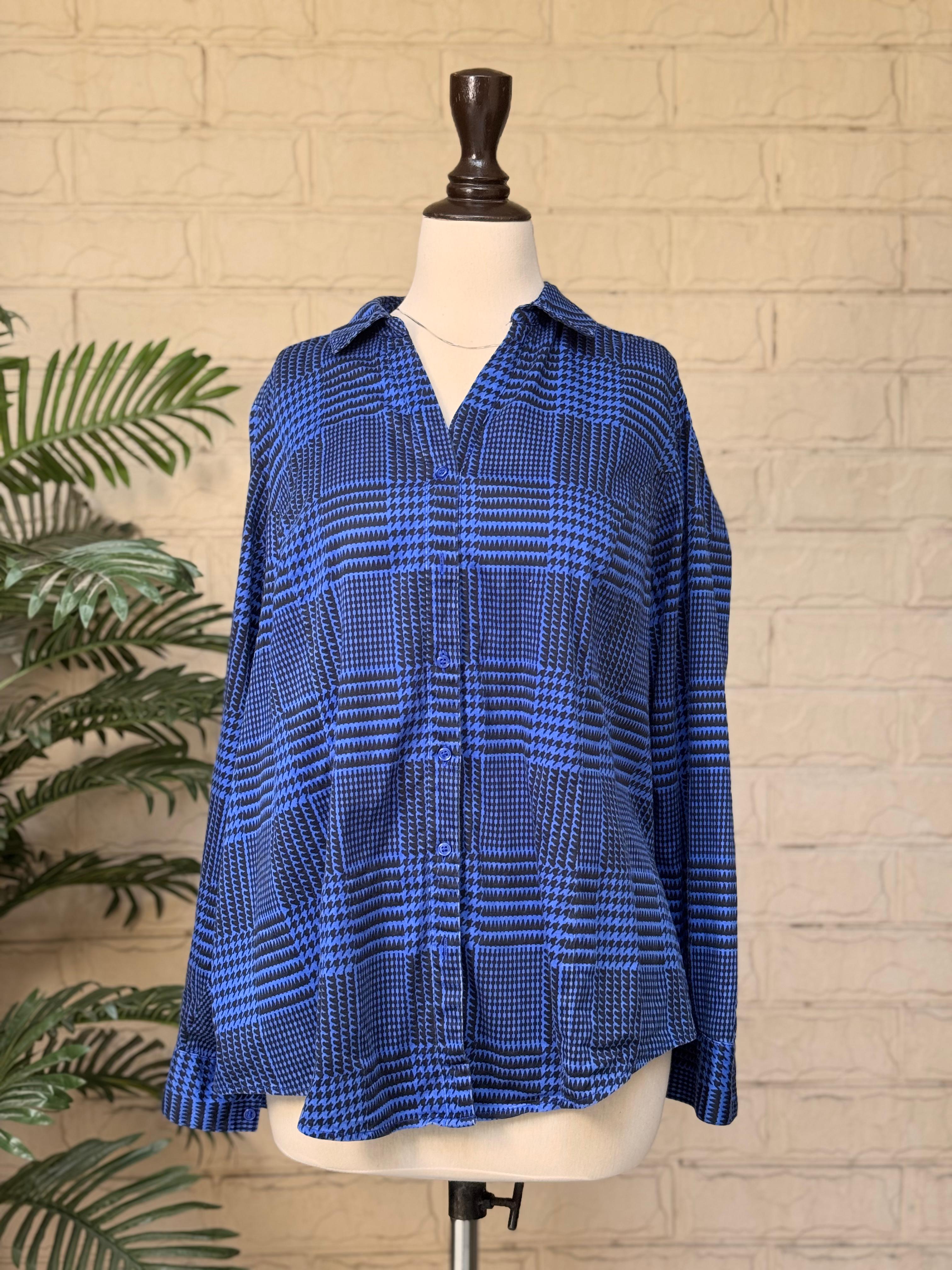 Cobalt Blue Plaid Collared Long-Sleeve Shirt - Image 2