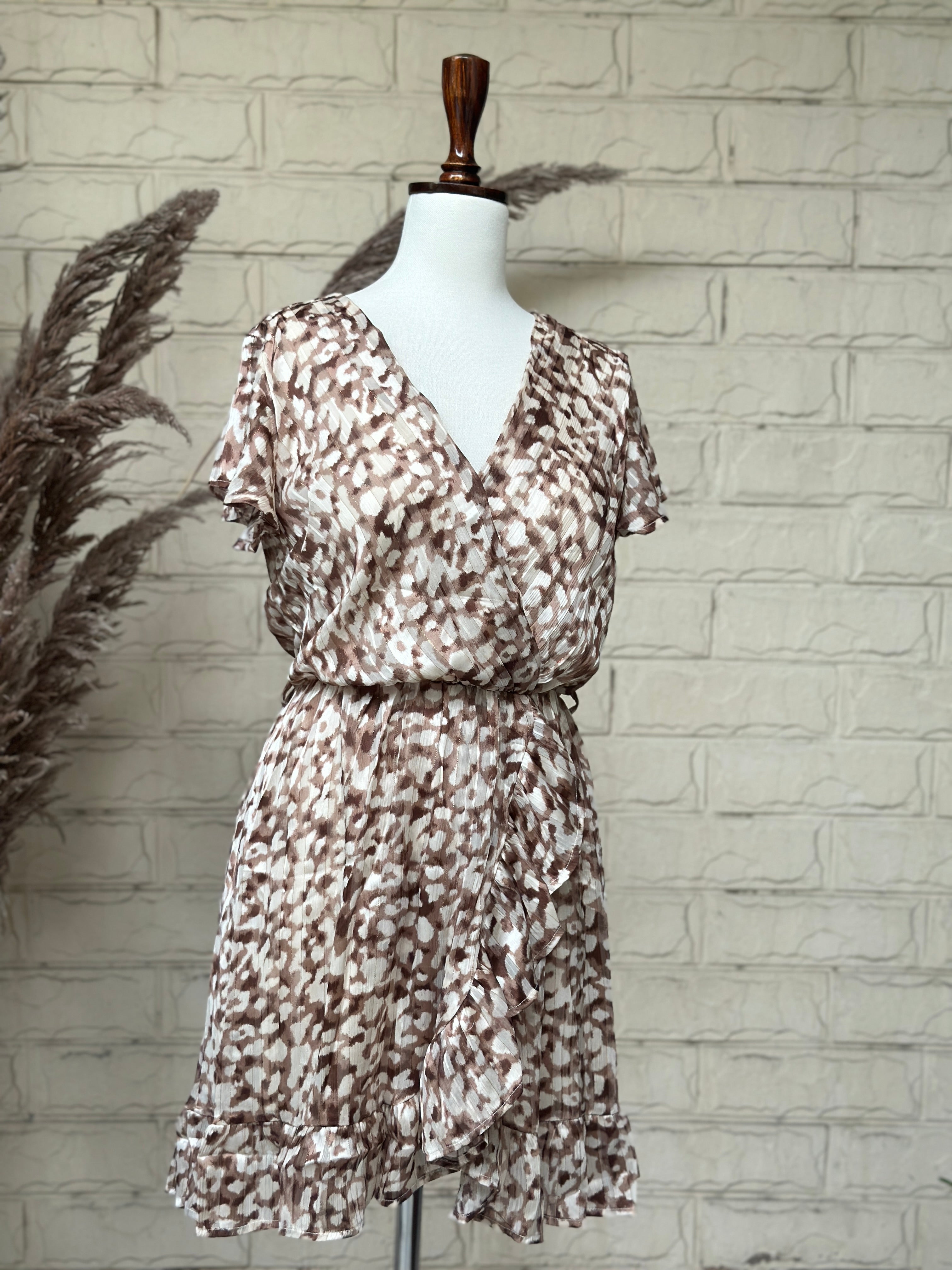 Brown Abstract Print Ruffle Wrap Dress - Image 2