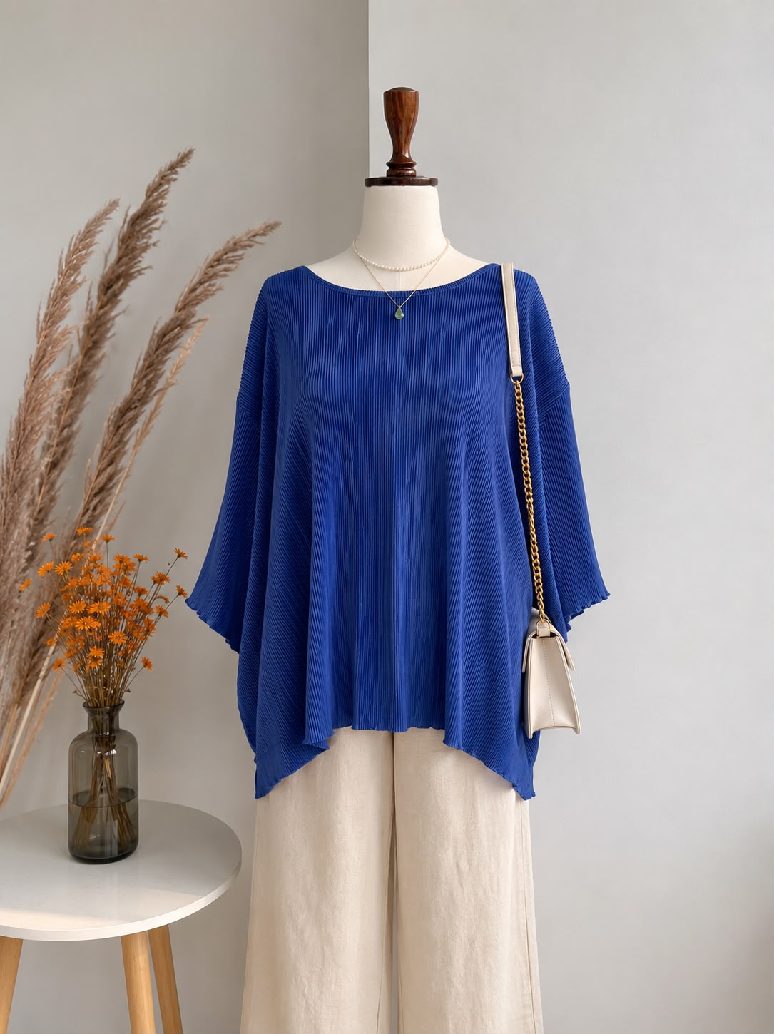Electric Blue Fine-Pleated Oversized Boatneck Top