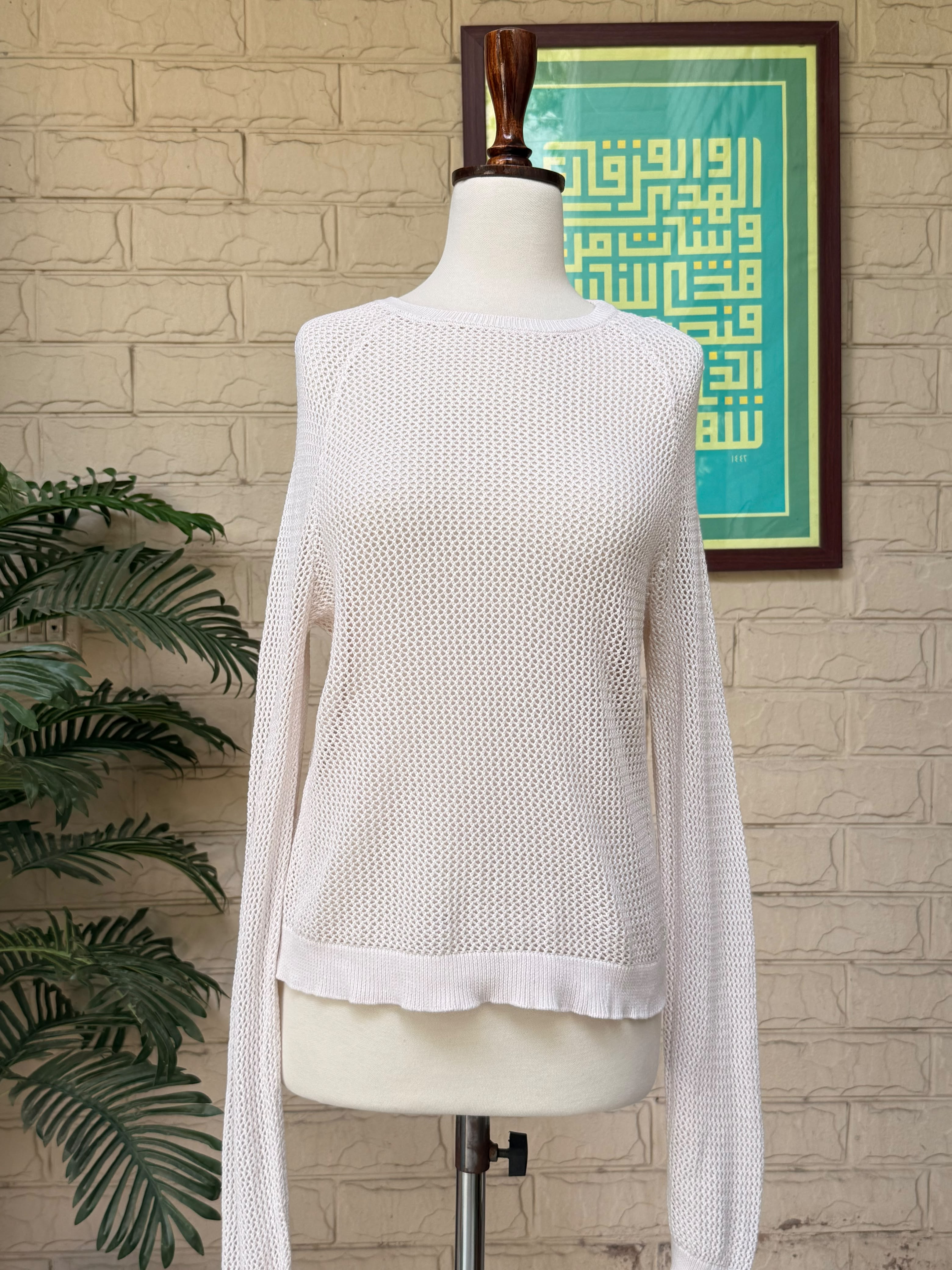 White Open-Mesh Openwork Knit Long-Sleeve Crewneck Pullover Sweater - Image 2