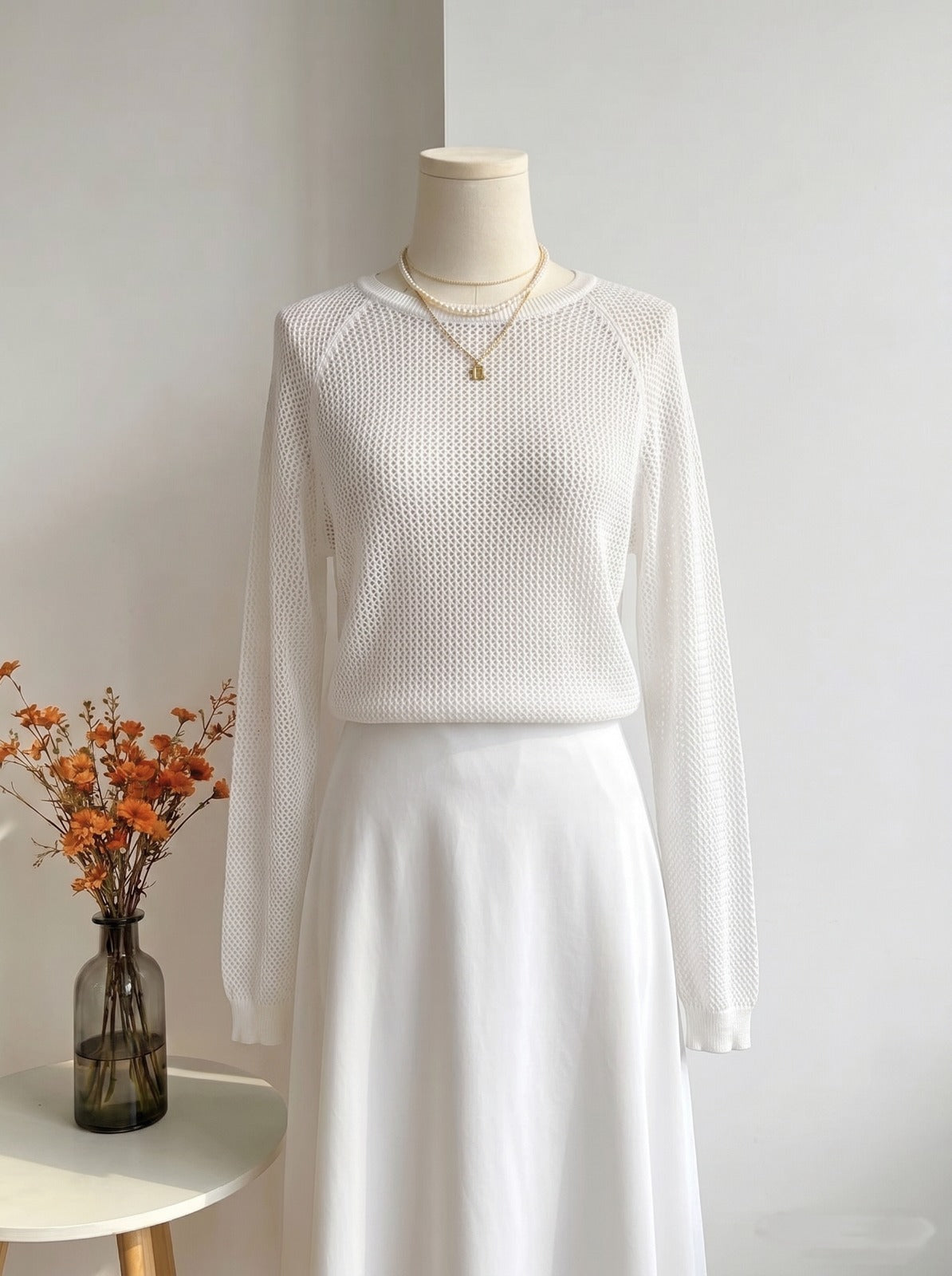White Open-Mesh Openwork Knit Long-Sleeve Crewneck Pullover Sweater