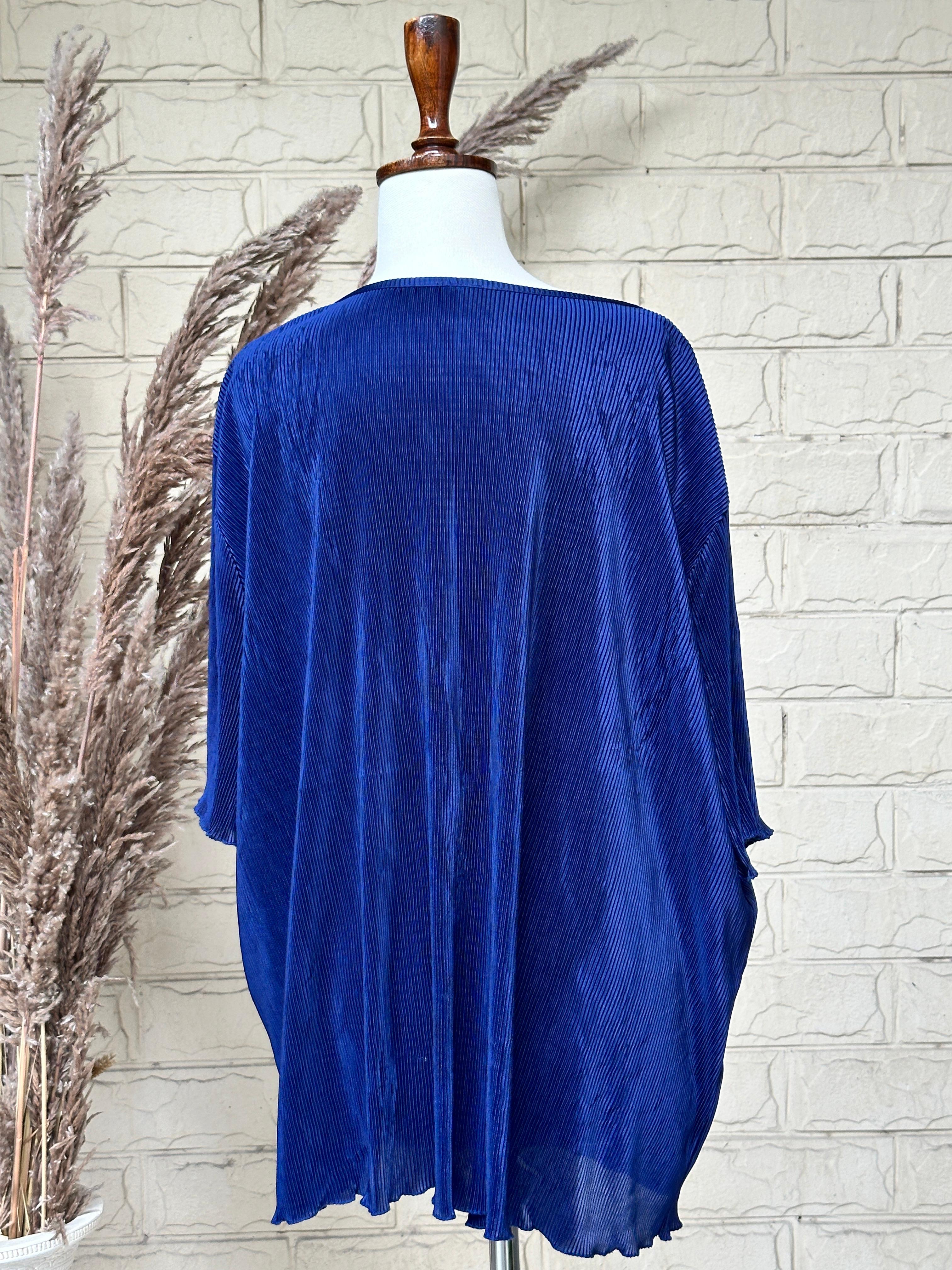 Electric Blue Fine-Pleated Oversized Boatneck Top - Image 3