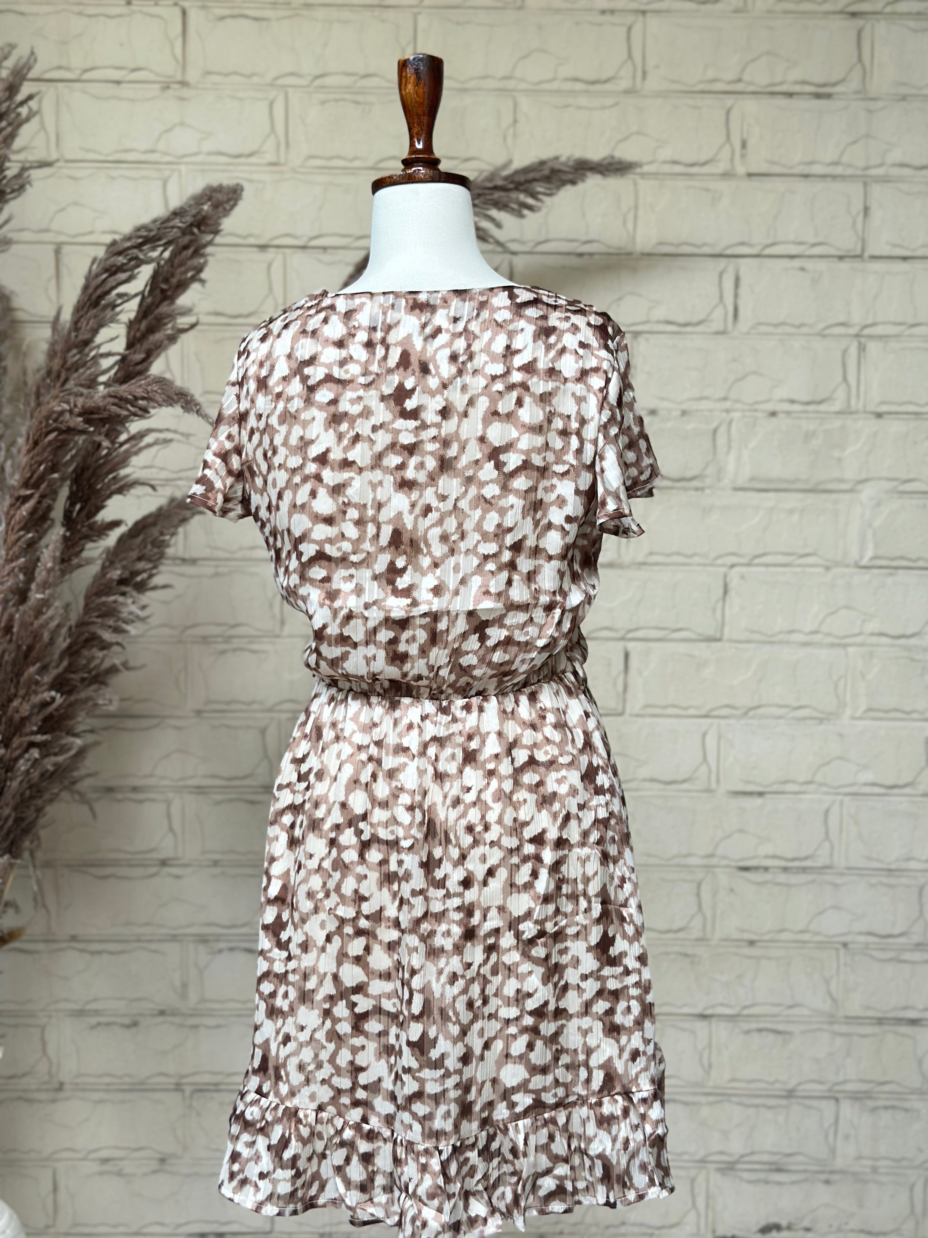 Brown Abstract Print Ruffle Wrap Dress - Image 3