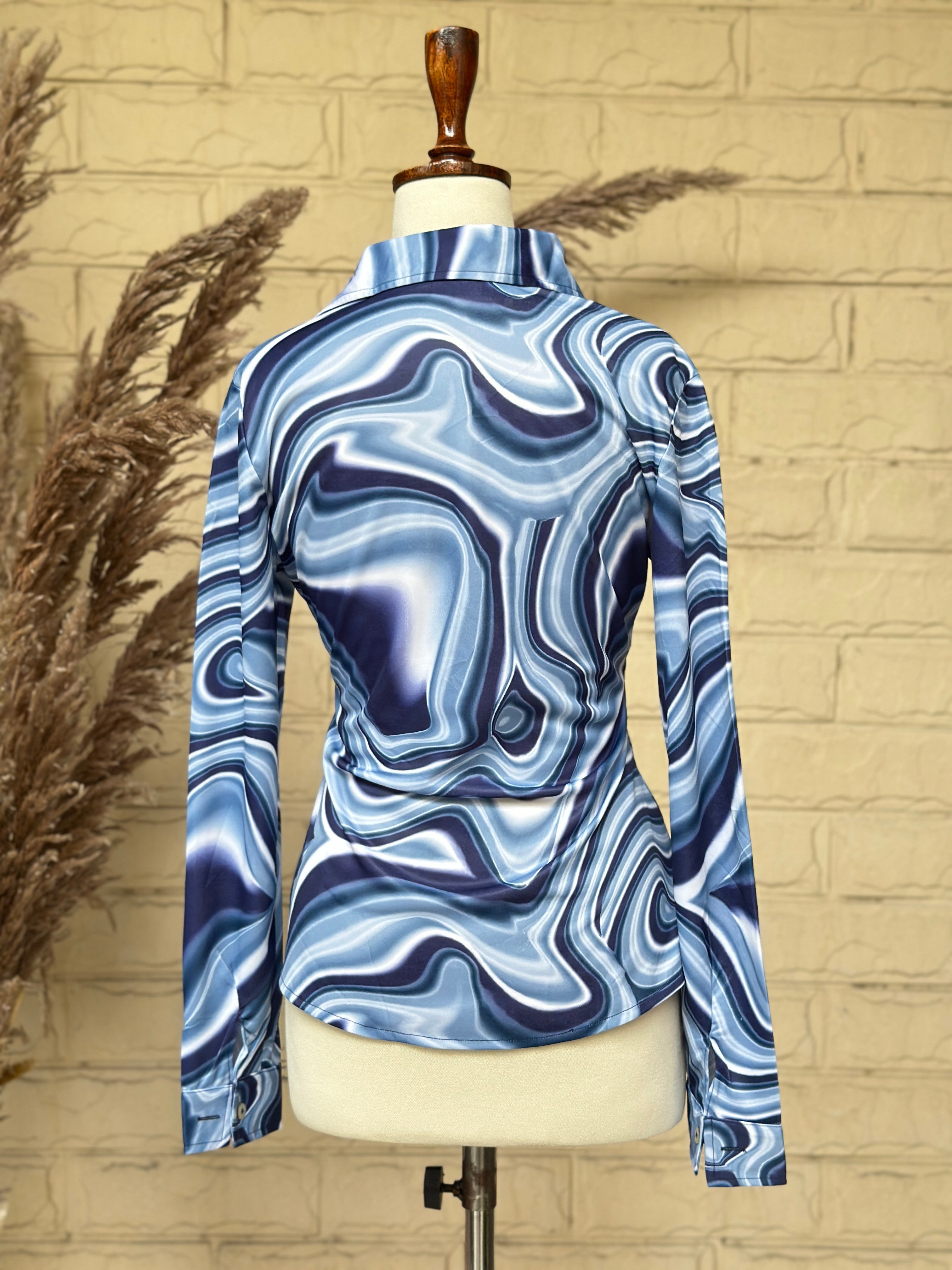 Ocean Wave Marbled Satin Button-Up Shirt - Image 3