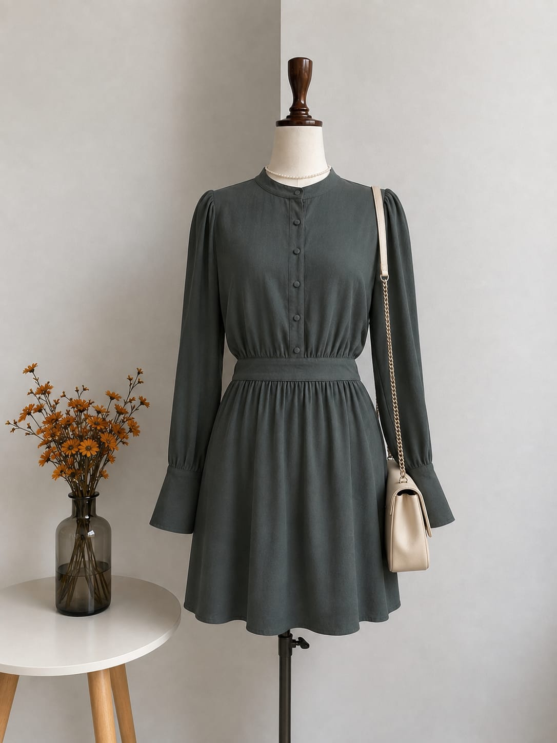 Forest Green Band-Collar Long-Sleeve Georgette Dress