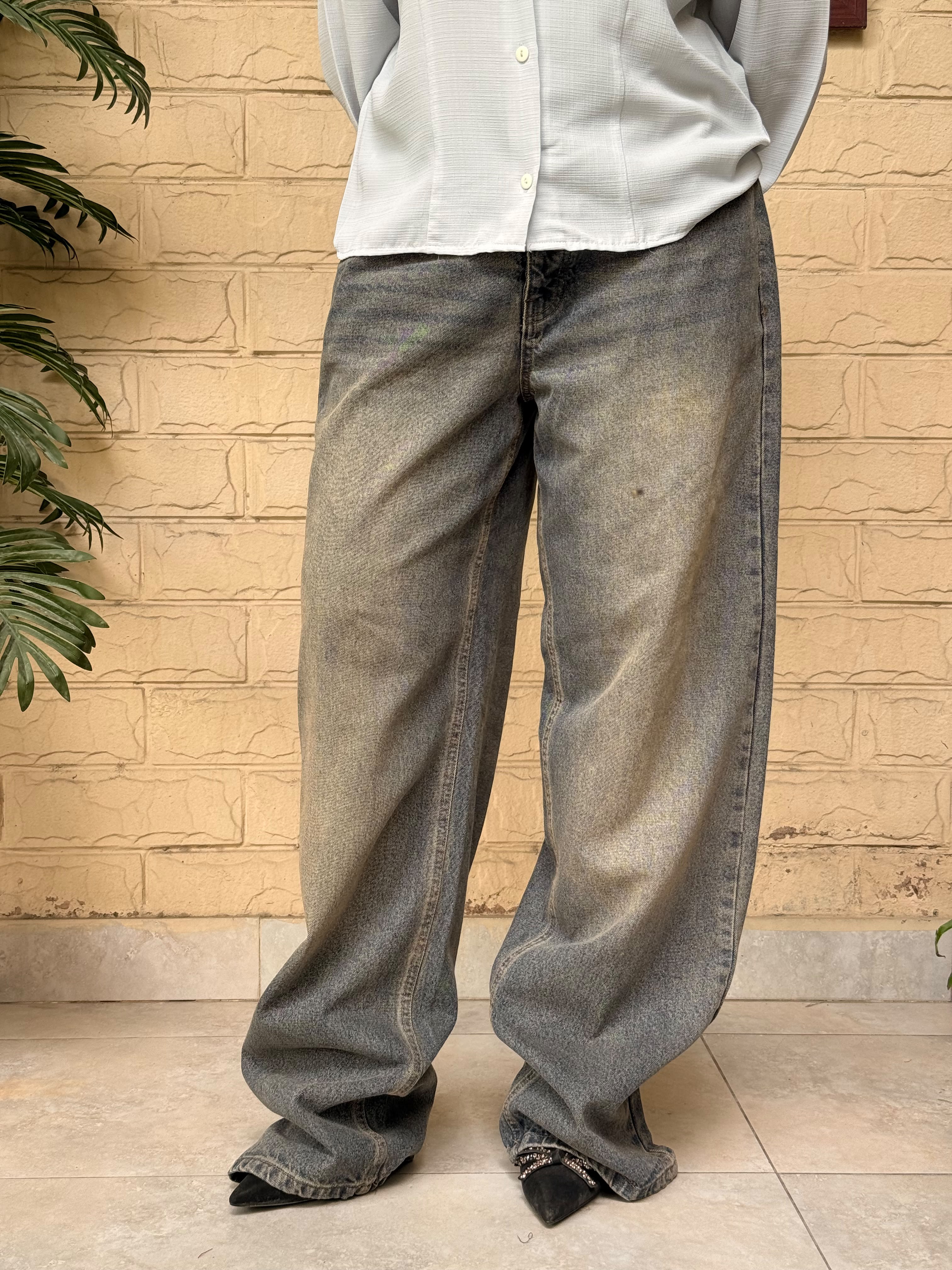 High-Waist Acid Wash Wide-Leg Denim pants