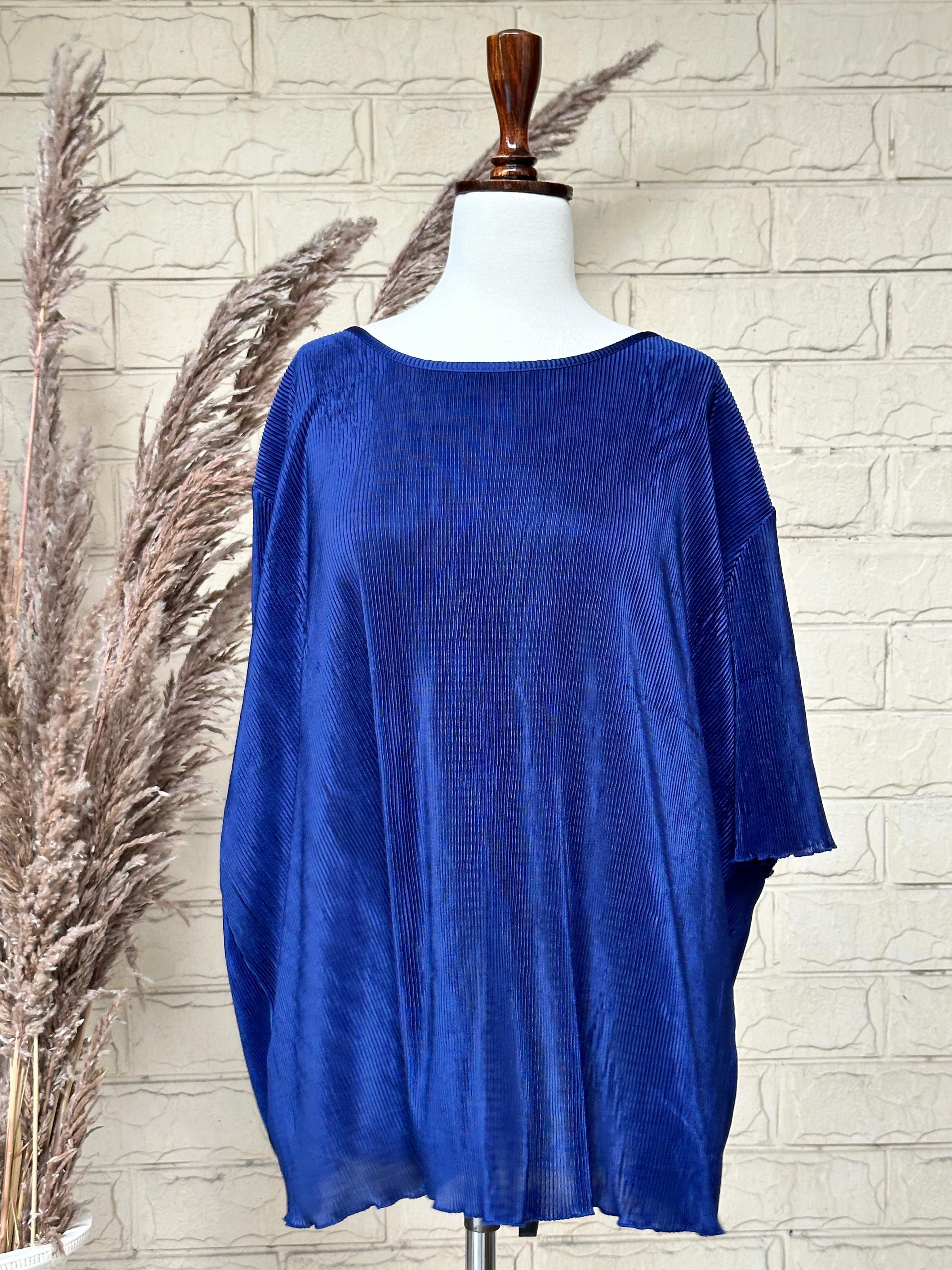 Electric Blue Fine-Pleated Oversized Boatneck Top - Image 2