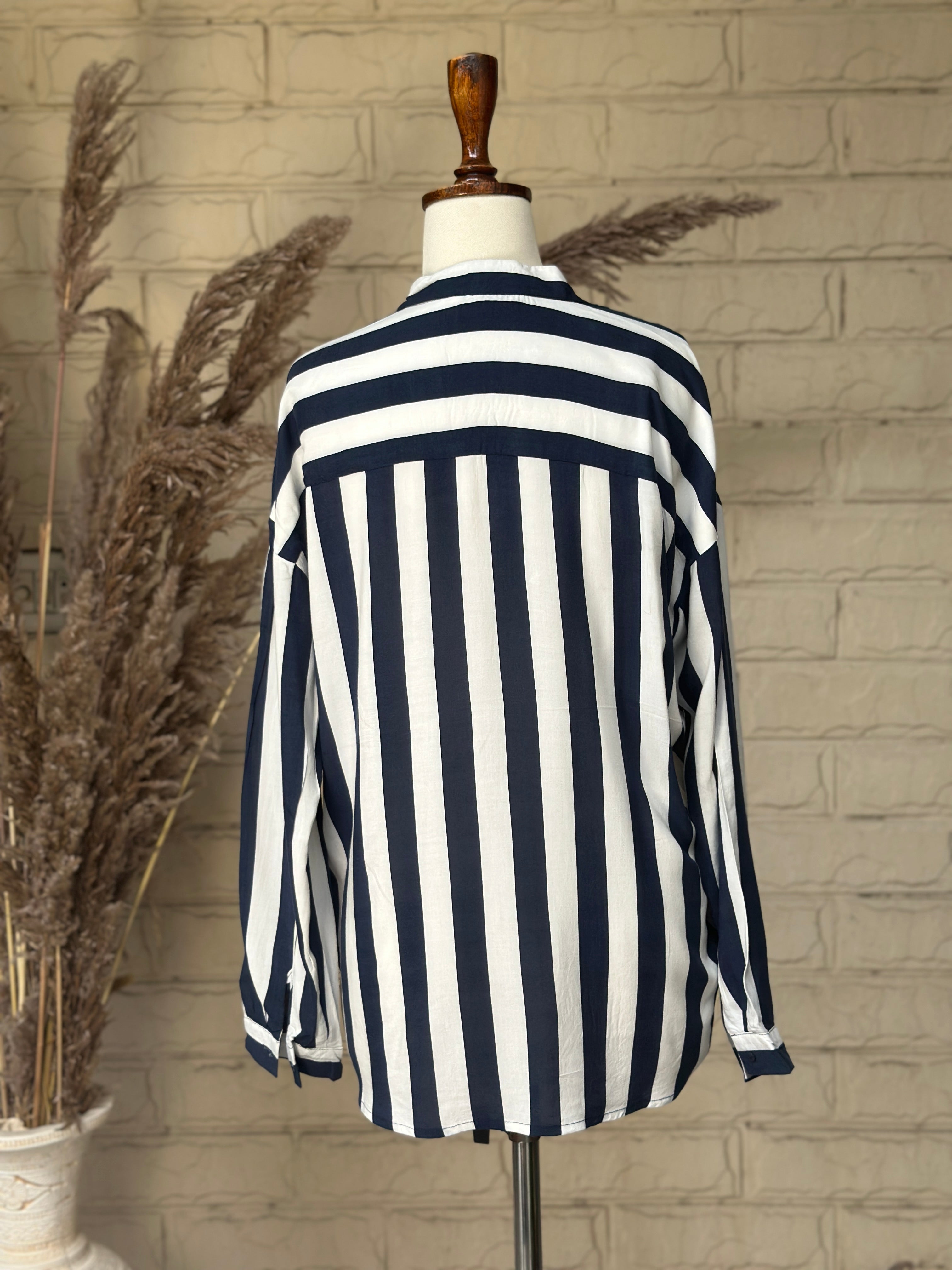 Navy & Cream Wide-Stripe Split-Neck Top - Image 3