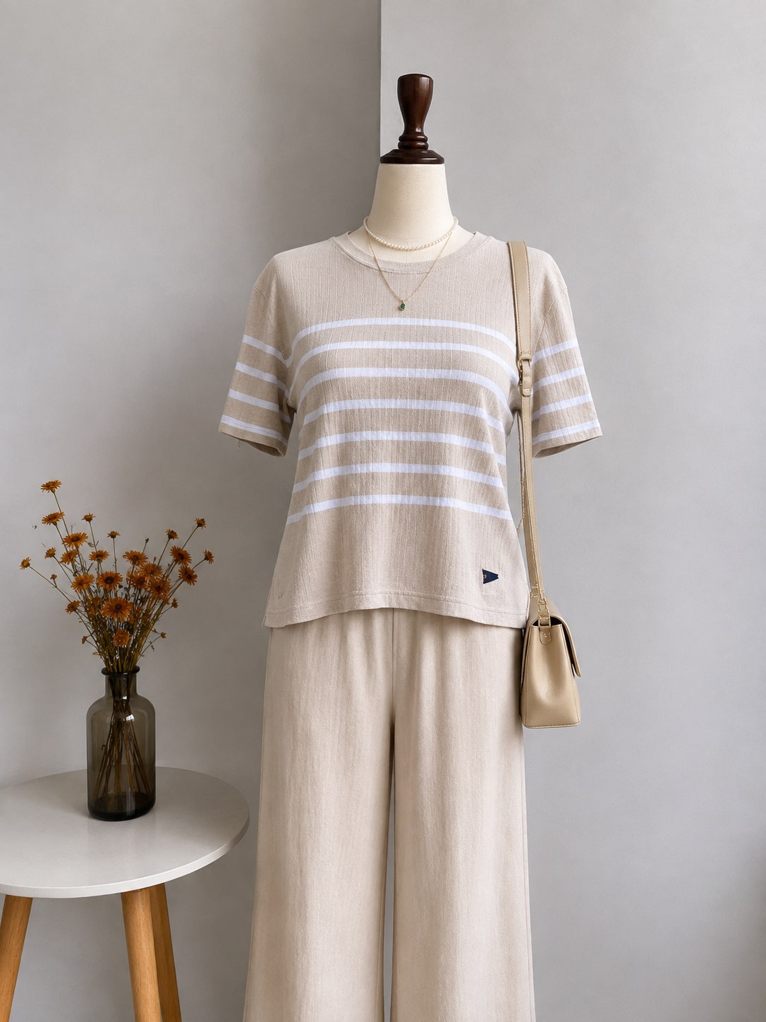 Beige and White Horizontal Striped Short-Sleeve Knit Tee
