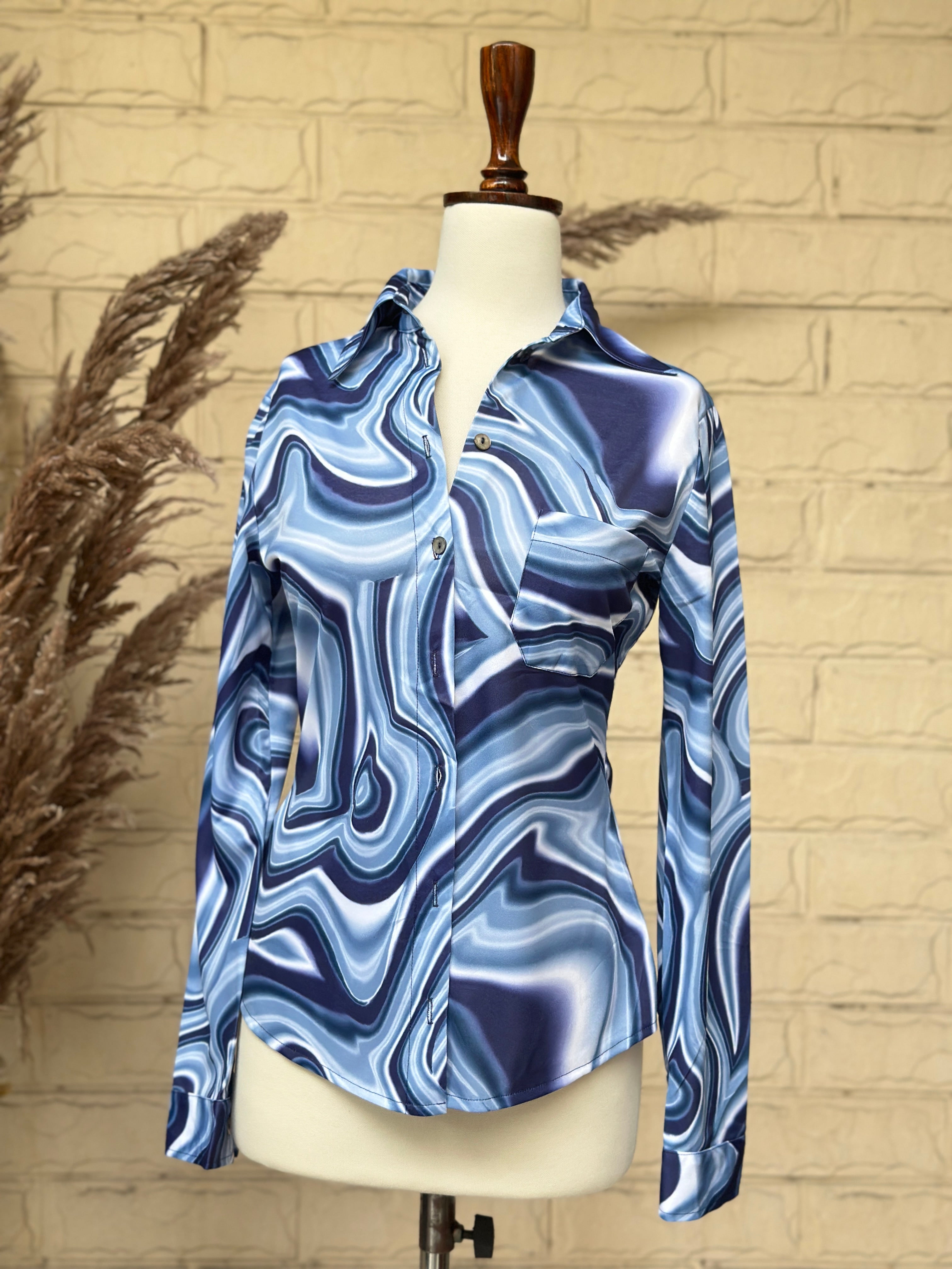 Ocean Wave Marbled Satin Button-Up Shirt - Image 2