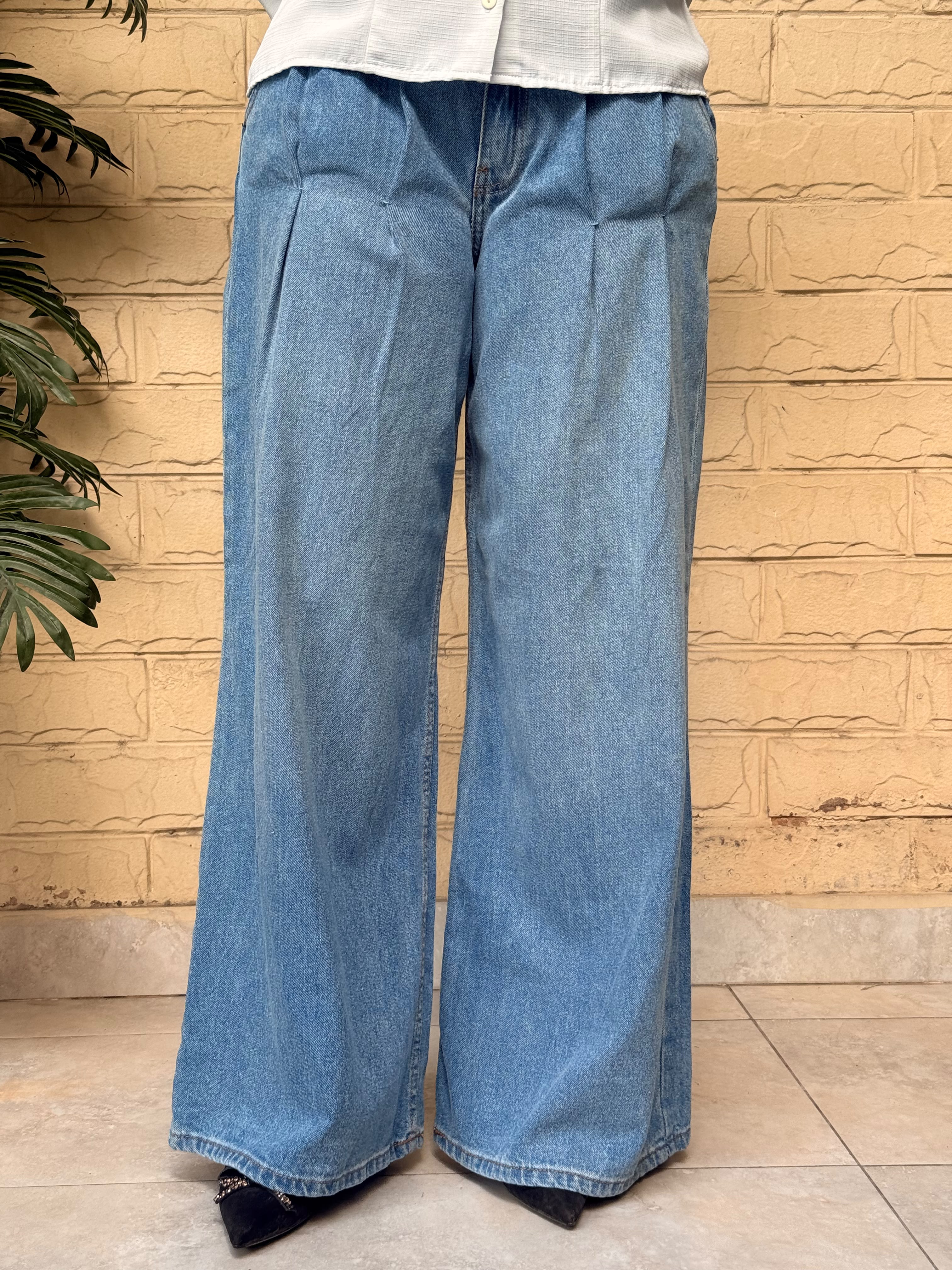 High-Waisted Pintuck Wide-Leg Denim Pants